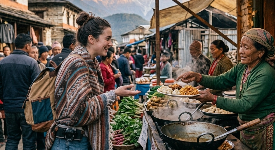 Mindful travel tips — eating local authentic street food no English menu cultural immersion