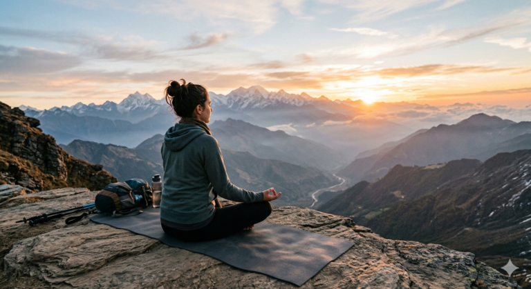 woman meditation mountain sunrise peaceful travel