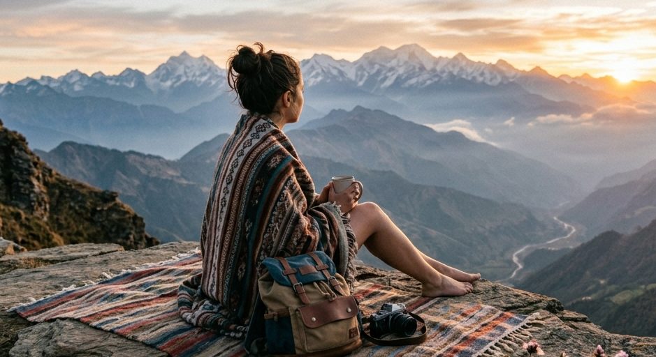person sitting peacefully scenic viewpoint travel slow