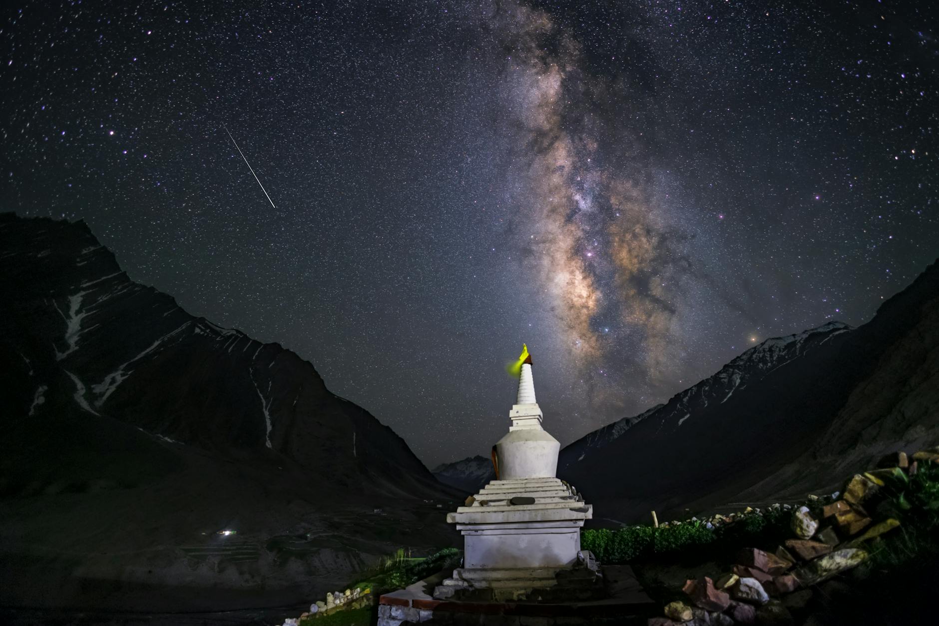 Spiti Valley night sky stars Milky Way monastery snow dark sky Himalayas