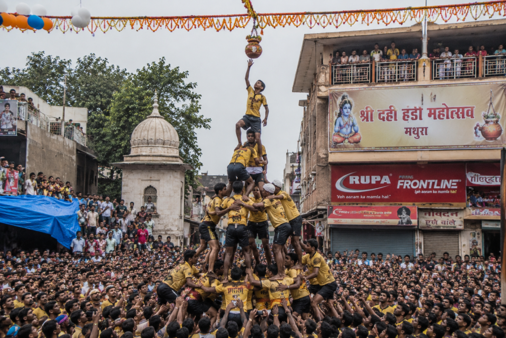 Janmashtami Mathura Vrindavan Krishna birth celebration Dahi Handi pyramid