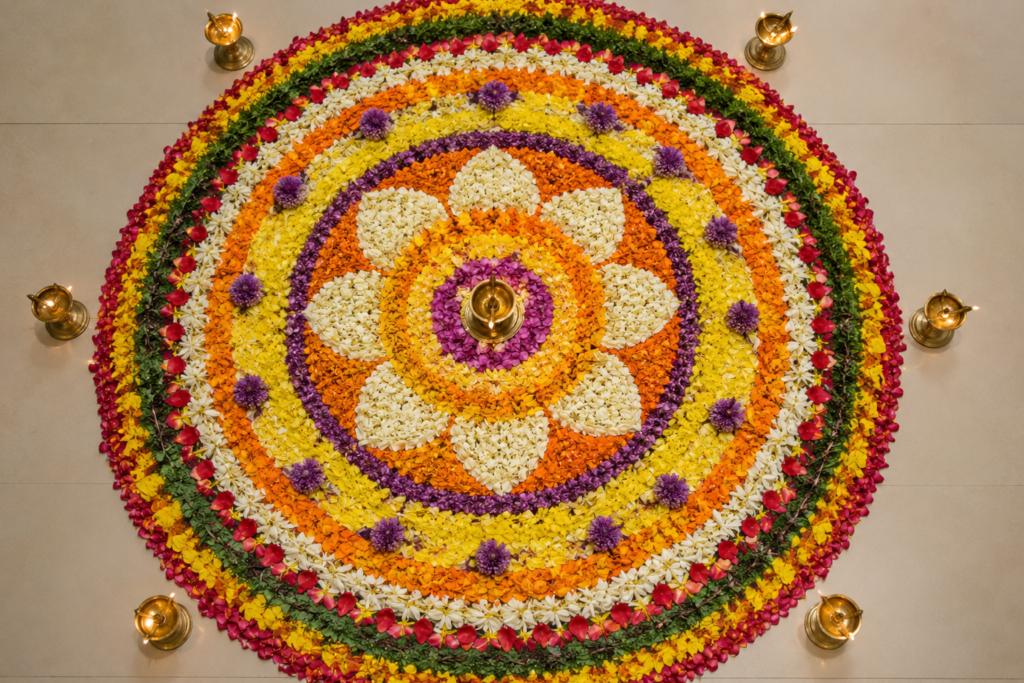 Onam pookalam flower carpet Kerala harvest festival backwaters